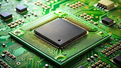 Obraz premium Close-up image of a sensor chip on a green electronic circuit board