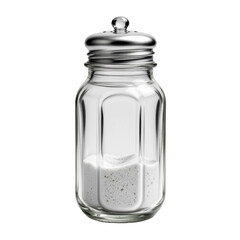 Pouring Fine Granulated Salt into Glass Jar Kitchen Setting Food Photography Bright Light Culinary Art Isolated on transparent background	