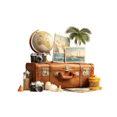 Vintage travel suitcase with globe and photos