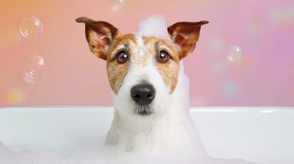 A playful dog enjoying a bubbly bath, captured in a warm and joyful moment.