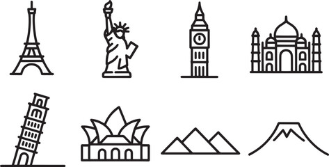 Iconic Landmarks Around the World A Collection of Famous Architectural Wonders in Simple Line Art Style