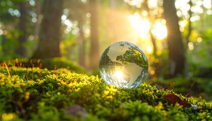 transparent glass globe sitting on green moss in the forest