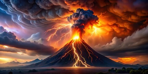 Fiery volcano engulfed in vibrant lightning and towering storm clouds at dusk