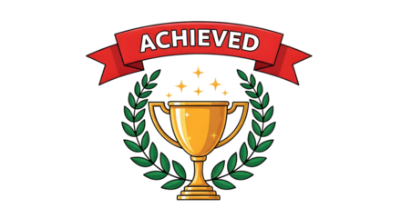 Golden trophy with laurel wreath and red banner with text achieved, isolated on transparent background