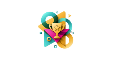 Abstract 3d geometric shapes with a golden trophy in the center, isolated on transparent background