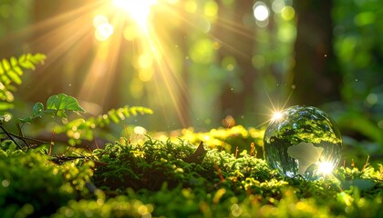 transparent glass globe sitting on green moss in the forest