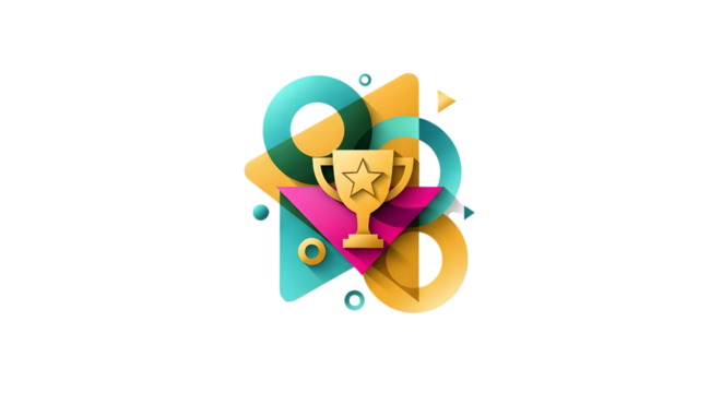 Abstract 3d geometric shapes with a golden trophy in the center, isolated on transparent background