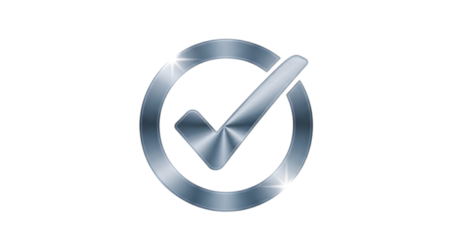 Metallic check mark inside a circle, symbolizing confirmation, approval, and completion, isolated on transparent background