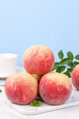 Fresh Golden Red Peaches on Marble Board - Ripe Fuzzy Summer Fruit Harvest
