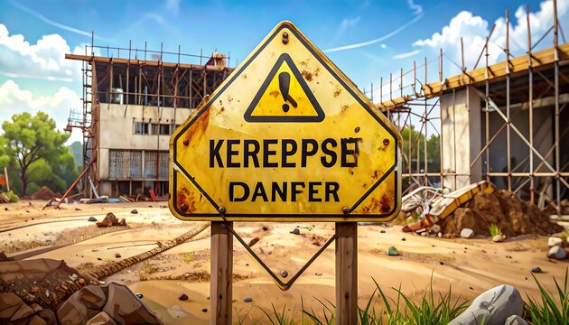 Rusty "Kerepse Danfer" Warning Sign at Construction Site