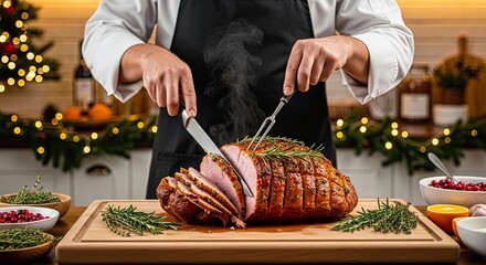 A chef in a black apron and white shirt is cutting a roasted turkey on a wooden cutting board with rosemary and cranberries in the background.