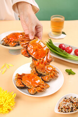 Steamed Hairy Yangcheng Lake Crab Close-up with Female Roe Chinese Seafood Cuisine