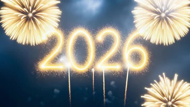 firecracker new year's eve. Bright fireworks illuminate the night sky with the glowing numbers 2026, celebrating the upcoming new year. 4K Ultra HD Video for commercial Purposes