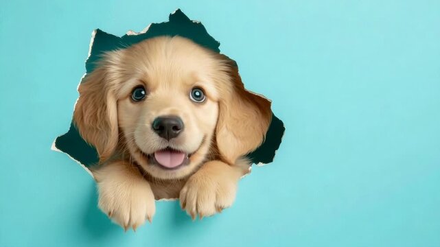 Cute golden retriever puppy peeking through a torn blue wall in a playful scene at home