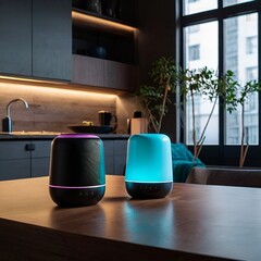 Modern smart home speaker glowing with voice command