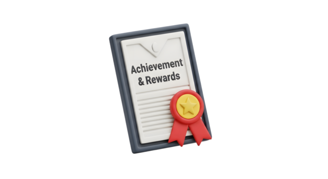 Certificate of achievement and rewards with a red ribbon and medal isolated on transparent background