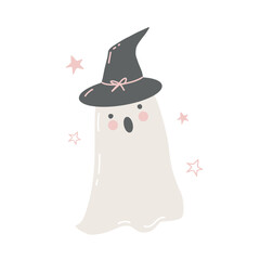 Cartoon ghost character wearing a witch hat. Halloween ghost, spirit. Happy Halloween for children. Vector illustration in flat style. Vector cute illustration isolated on white background