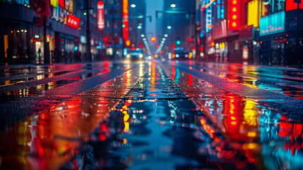 Fototapeta premium Wet city crosswalk at dusk reflecting colorful ambient light from shops and traffic, with strong perspective and moody urban atmosphere