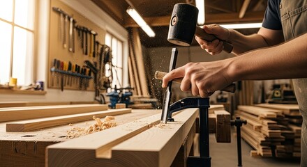 A person using a hammer and chisel in a workshop, with tools and wood visible in the background.