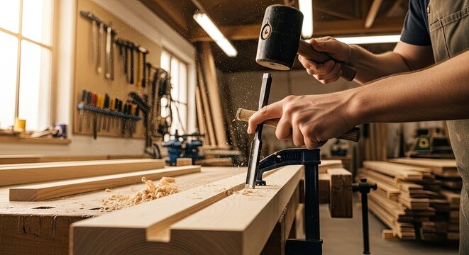 A person using a hammer and chisel in a workshop, with tools and wood visible in the background. - Powered by Adobe