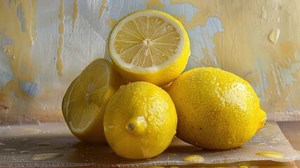 A collection of bright yellow lemons arranged on a wooden cutting board, ready for use in cooking or decoration