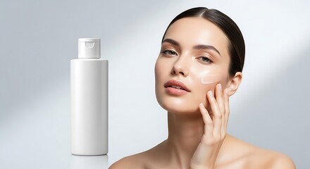 Elegant Woman Applying Skincare Cream with Bottle, Soft Light, Minimalist Beauty.