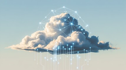 Conceptual digital cloud computing illustration featuring network connections and data transfer with illuminated elements