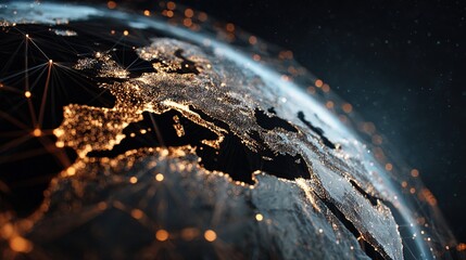 satellite. Satellite view of Earth with golden connection points, abstract digital networks against deep space. product launch decks.