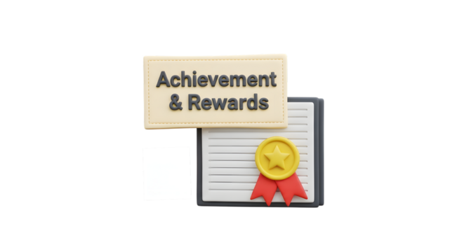Achievement and rewards concept with certificate and medal isolated on transparent background
