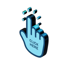Dynamic 3D hand cursor with 'CLICK HERE' prompt, activating digital interaction and engagement