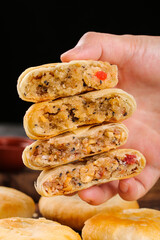 Traditional Cantonese Mooncakes Cross-Section Mid-Autumn Festival Reunion Pastry with Mixed Nut Filling