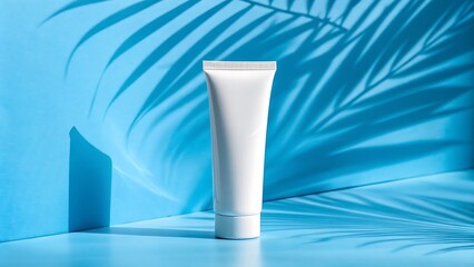 Clean White Tube Packaging Mockup on a Blue Background with Palm Leaf Shadow Overlay Presentation.