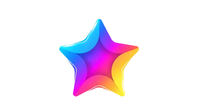 A vibrant, colorful star with a gradient of pink, purple, blue, and yellow, isolated on transparent background