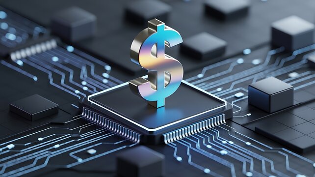 Conceptual illustration of a dollar sign sitting atop a computer chip representing digital finance and technology