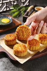 Traditional Cantonese Mooncakes with Lotus Seed Paste and Egg Yolk - Chinese Mid-Autumn Festival Pastry