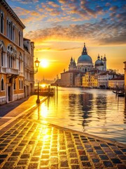 Fototapeta premium Mosaic Street in Venice during sunrise with golden light on water