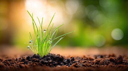 Nature preservation concept lush grass soil texture closeup, warm earth colors soft ambient light, delicate dew granularity, commercial application design