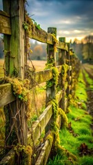 Weathered wooden fence with overgrown vines and moss