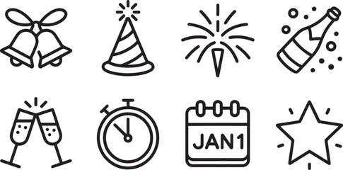 New Year's Eve Icons Set Line Style Bells Hat Fireworks Champagne Toast Clock Calendar Star