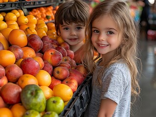 Fototapeta premium Two smiling children a boy and a girl stand happily in front of a vibrant display of fresh fruits at a market