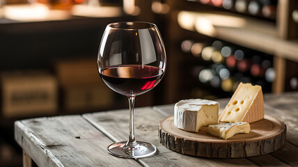 Glass of red wine with assorted cheese on rustic wooden table in cellar
