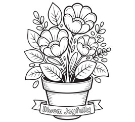This is a black-and-white line drawing of a round vase filled with flowers and leaves for adults and kids