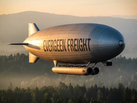 A large silver blimp with EVERGRENFREIGHT text flies over a misty forest at sunrise airship - Powered by Adobe