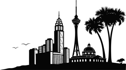 Vector art of kuala lumpur skyline silhouette, showcasing iconic landmarks in a monochrome vector illustration