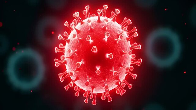Detailed illustration of a virus structure in vibrant red against a blurred background, showcasing its spikes