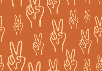 seamless vector pattern featuring repeating, hand-drawn outline illustrations of the V-sign
