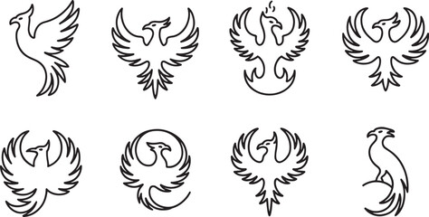 Phoenix Bird Line Art Collection Simple Graphic Design Element Isolated on Transparent Background