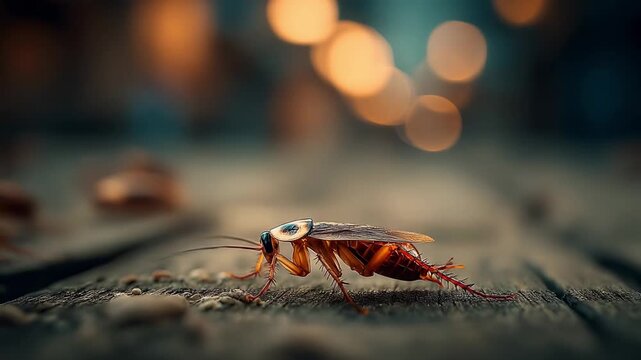 Cinematic Macro View of a Cockroach Colony Crawling on a Rough Wooden Floor with Bokeh Lights
