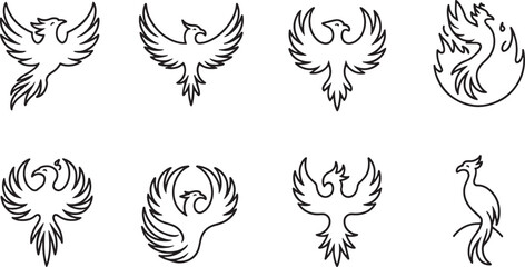 Phoenix Bird Line Art Collection Simple Graphic Design Element Isolated on Transparent Background