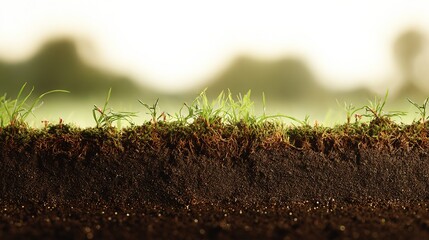 Environmental conservation theme grass seedlings closeup, soil texture dew details, cinematic natural lighting, ad copy negative space design